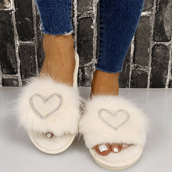 Toe Rhinestone Viflosae Women's Slippers Faux Fur Rhinestone Heart Open Toe Slippers ...