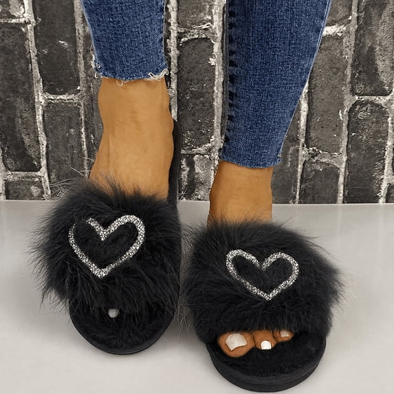Toe Rhinestone Viflosae Women's Slippers Faux Fur Rhinestone Heart Open Toe Slippers ...