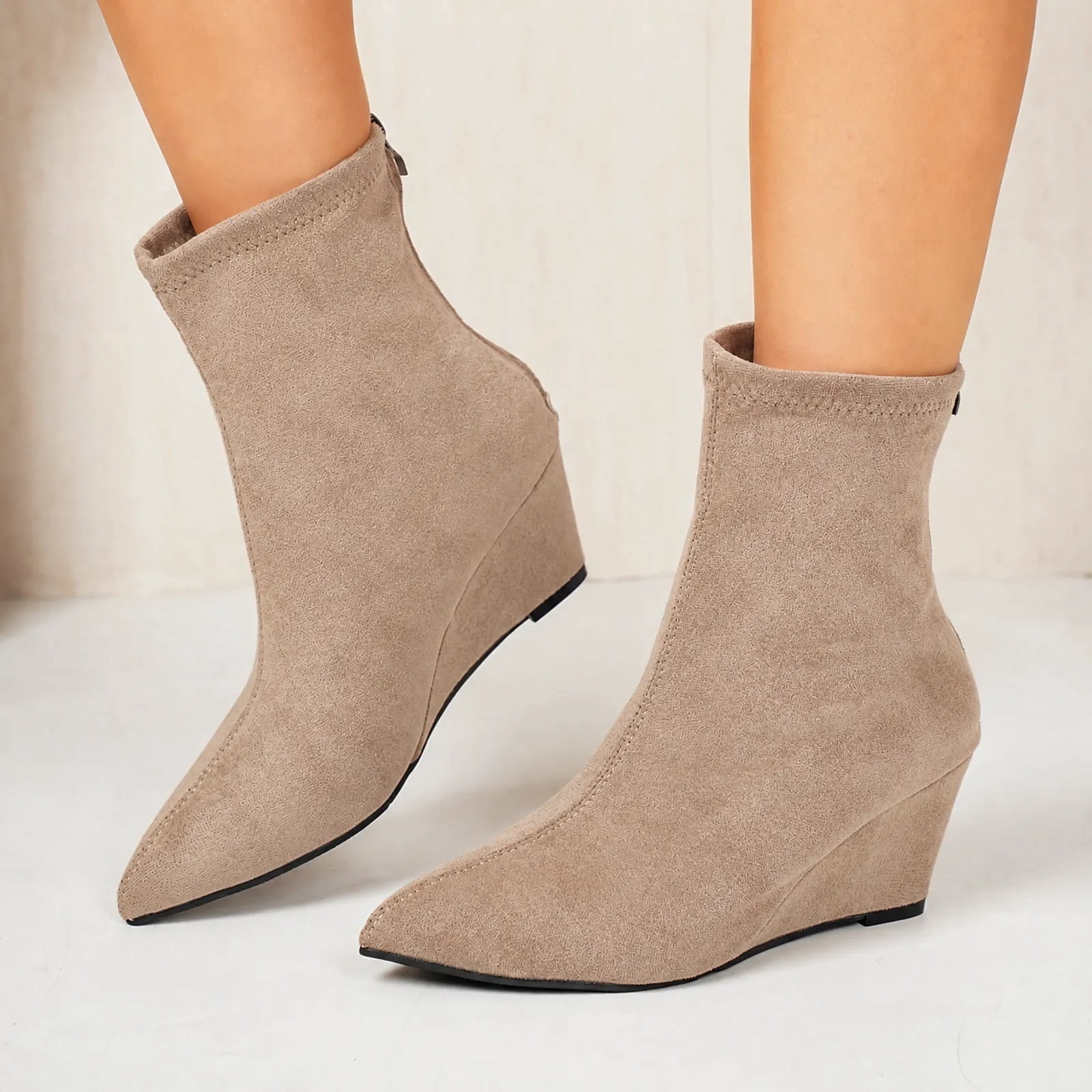 Viflosae Womens Ankle Boots Pointed Toe Back Zipper Wedge Heel Party ...