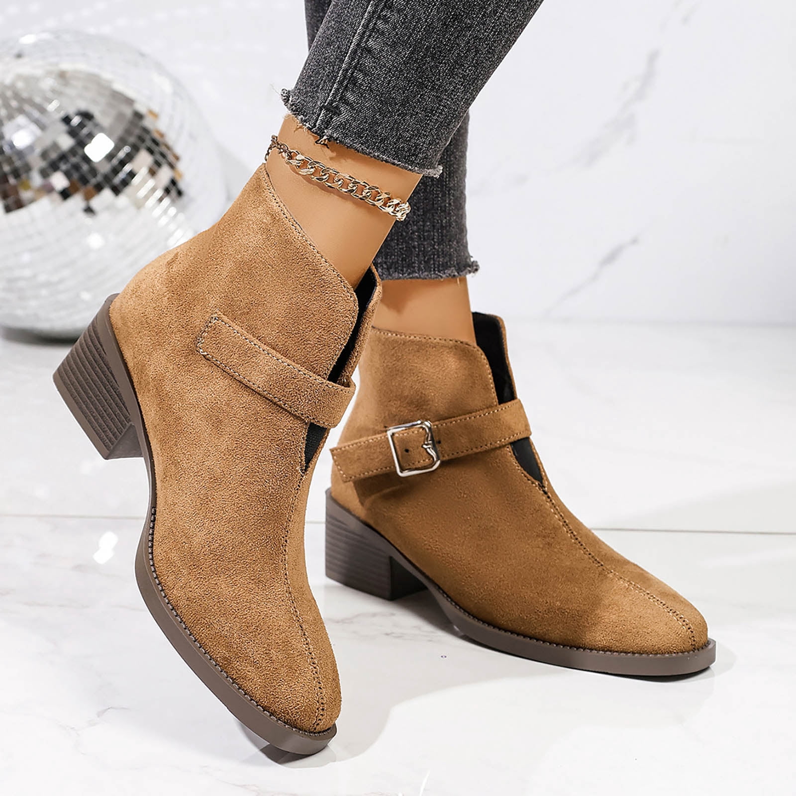 Viflosae Womens Ankle Boots Pointed Toe Block Mid-Heel Booties ...
