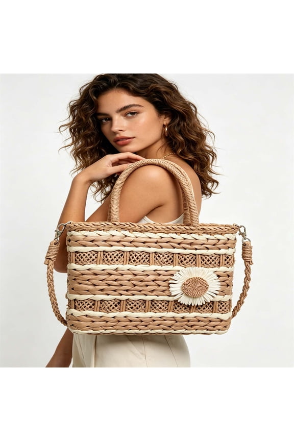 Womens Purses Work Tote Bags for Women Women Sunflower Straw Tote Bag Hand Woven Summer Beach Bag with Detachable Crossbody Strap Hollow Weave Shoulder Handbag for Vacation Travel