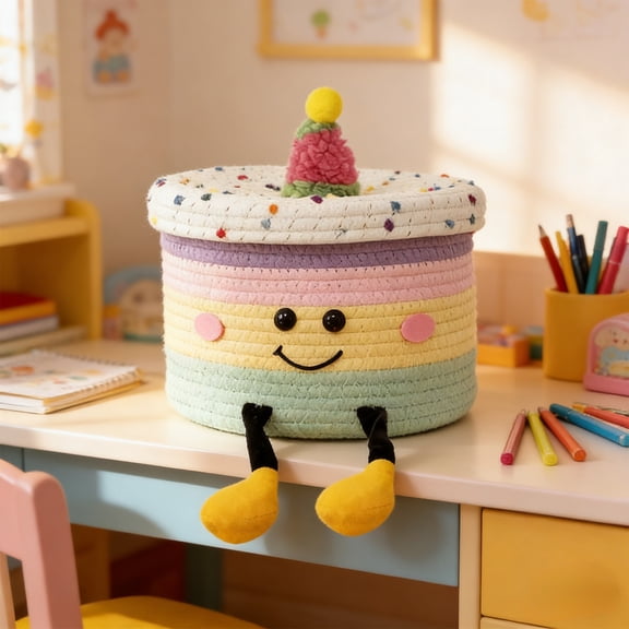 Viflosae Woven Rope Storage Basket Cute Cow Shape Round Organizer with Ears Handles Blanket Towel Bin for Bathroom Laundry Closet Shelf Home Decor Use