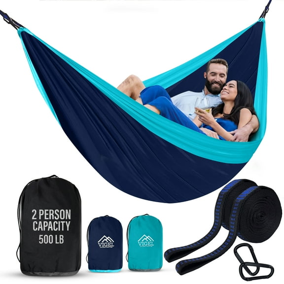 Vigel Camping Hammock, Fits 2, Hold up to 500lb, Navy & Lt Blue, Outdoor Hammock, Made of Nylon