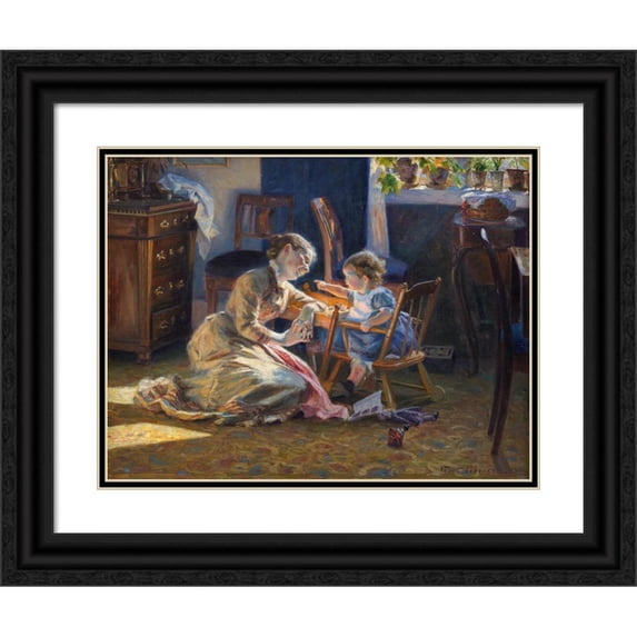 Viggo Pedersen 24x19 Black Ornate Framed Double Matted Museum Art Print Titled: Sunshine in the Living Room. the Artist's Wife and Child (1888)
