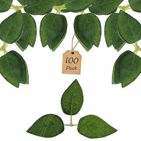 Vignor 100 Pcs Fake Rose Green Leaves Bulk Artificial Flowers Faux Greenery (3 Large-leaf)