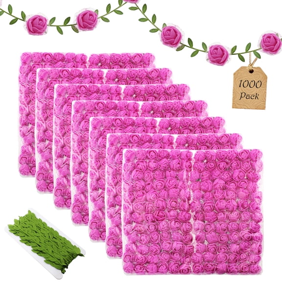 Vignor 1000 Pcs 0.6 Inch Mini Foam Fake Rose Head Bulk with Gauze (Hot Pink)