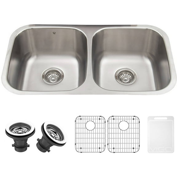 Vigo 32" Undermount Stainless Steel 18-Gauge Double Bowl Kitchen Sink, Grids and Strainers