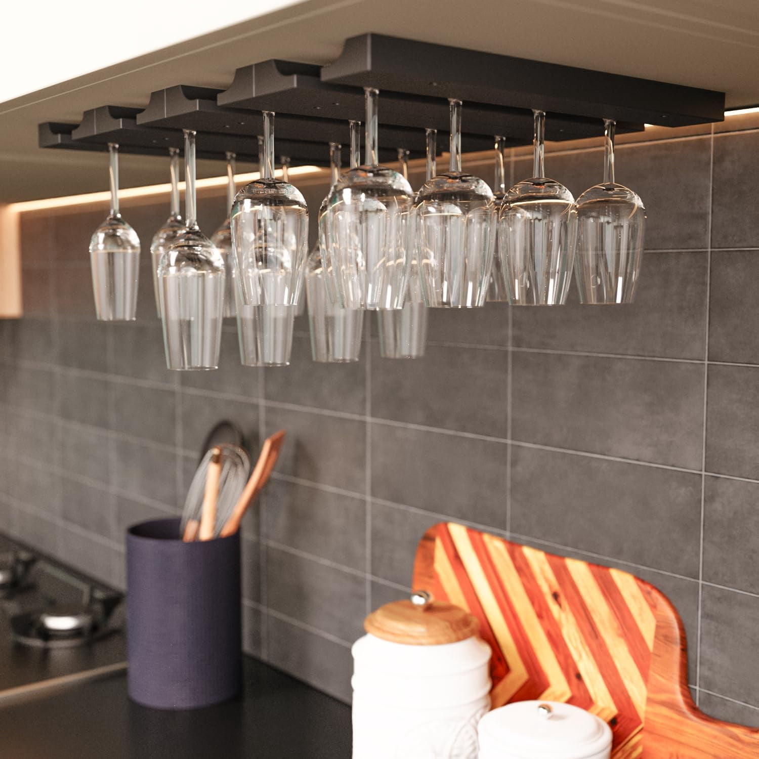 Vigo 4 Sectional Adjustable Under Cabinet Mount Wood Stemware Rack ...