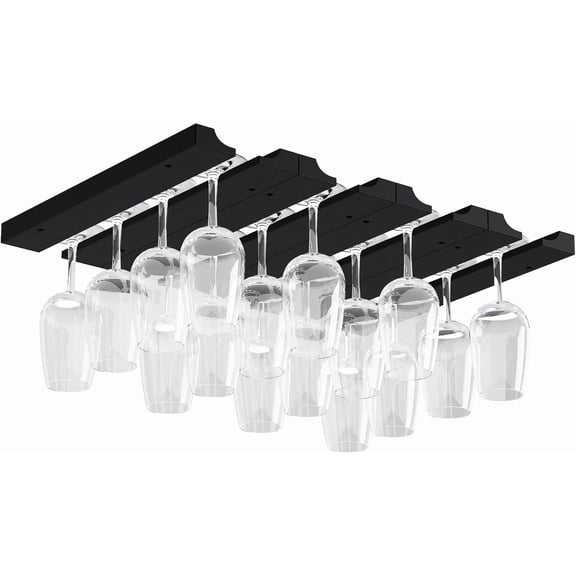 Vigo 4 Sectional Adjustable Under Cabinet Mount Wood Stemware Rack Hanging Shelf Glassware Holder Bar Organizer with up to 12 Wine Glass Storage 12 Inch Deep Black