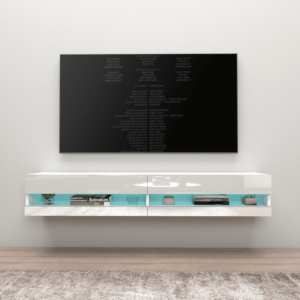 Vigo Floating TV Stand for TVs up to 80", Modern High Gloss 71" Entertainment Center, Wall Mounted TV Media Console with Storage Cabinets and LED Lights