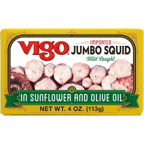 Vigo - Jumbo Squid In Sunflower and Olive Oil - 4 Oz, Case of 10