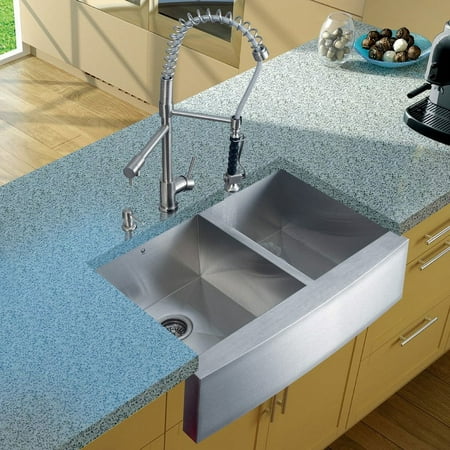 VIGO VG15089 Farmhouse Stainless Steel Kitchen Sink, Faucet, Two Strainers and Dispenser