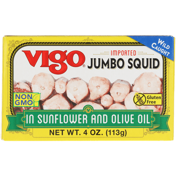 Vigo Jumbo Squid in Oil, 4oz can