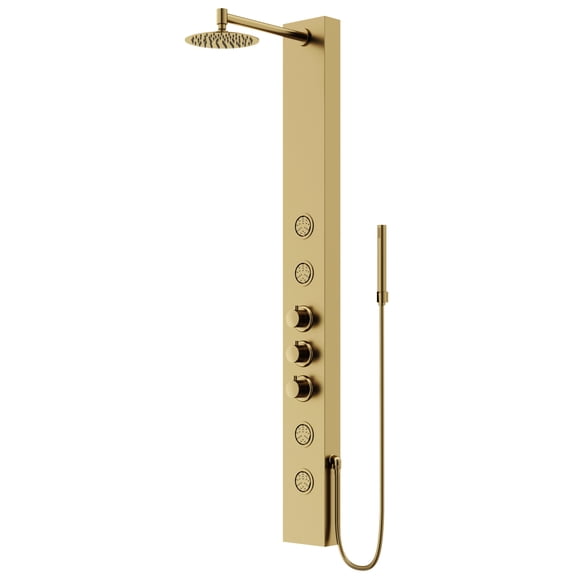 VIGO Ellington 59 in. H x 6 in. W 4-Jet Shower Panel System with Round Head and Hand Shower Wand in Matte Brushed Gold