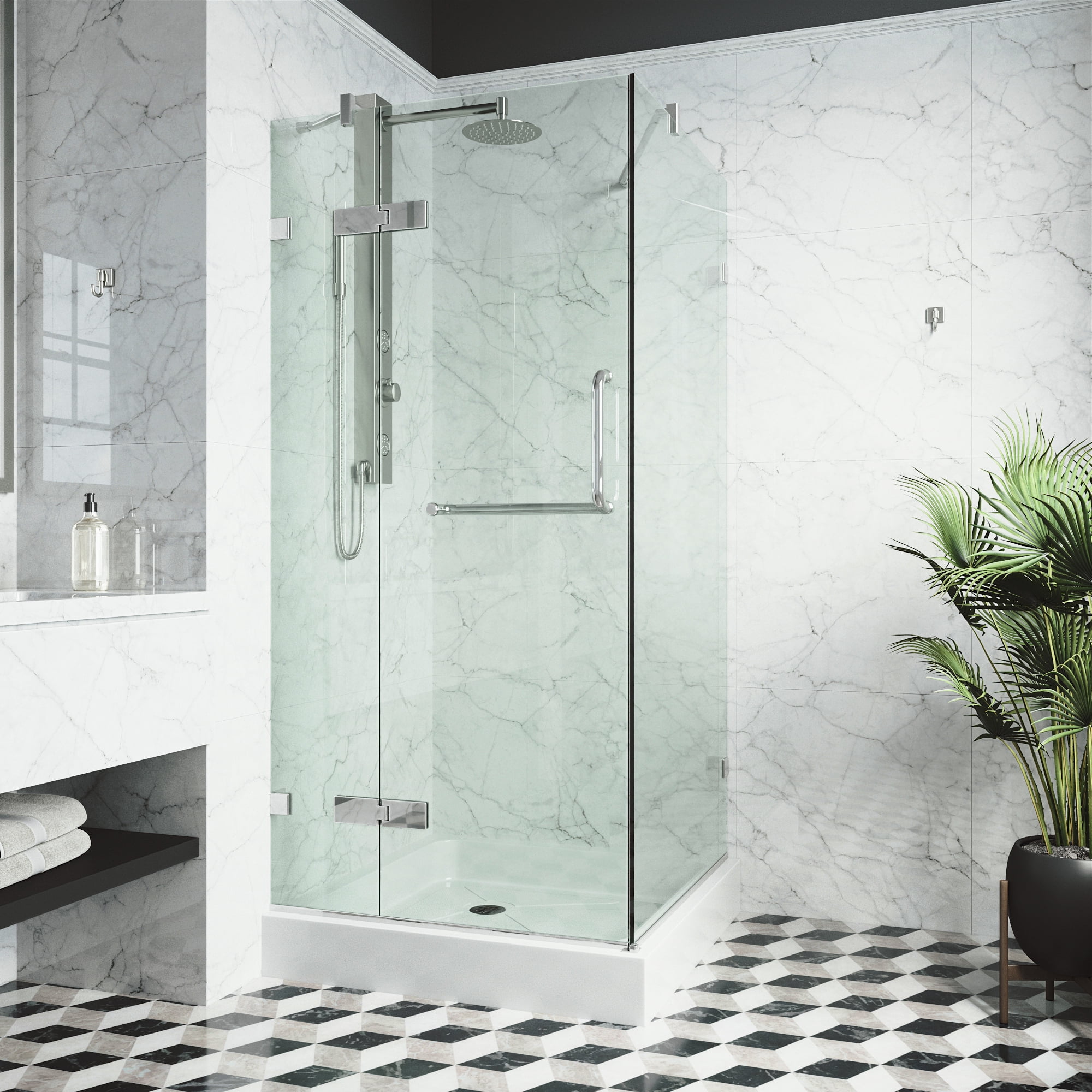 Monteray Frameless Clear Glass Hinged Shower Enclosure with Brushed Nickel Hardware