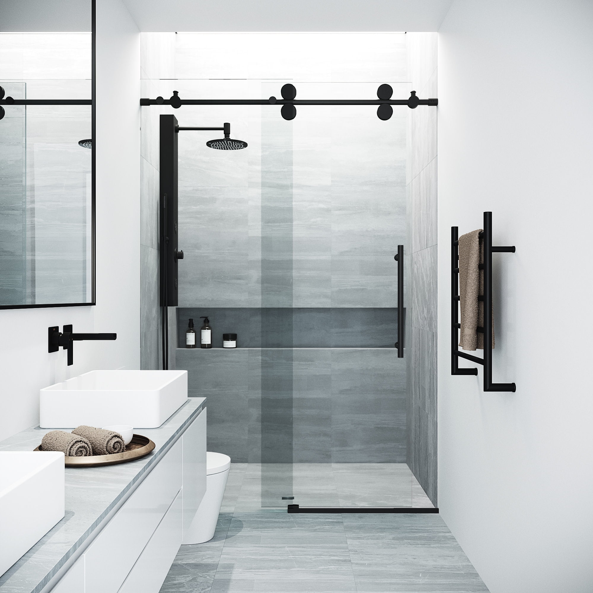 Matte Black Frameless Sliding Shower Door with Clear Glass
