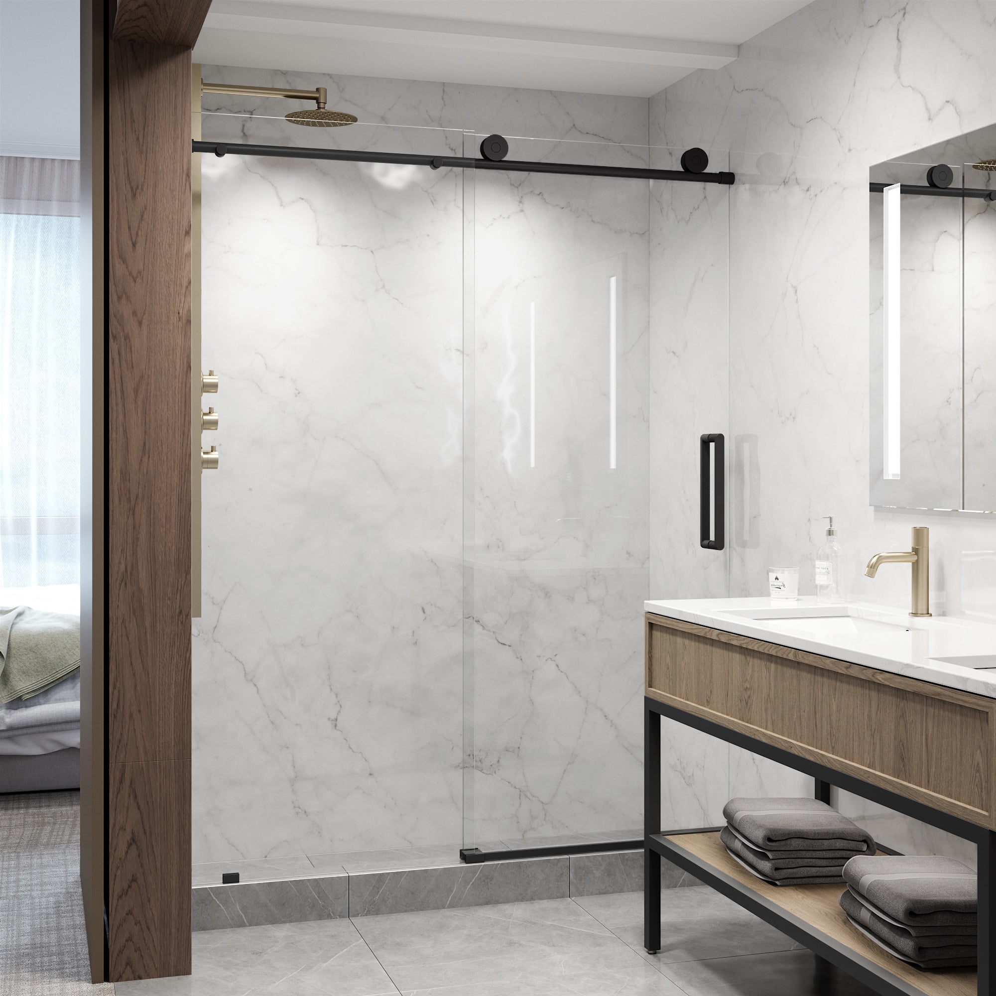 Elan Matte Black Frameless Sliding Shower Door with Clear Glass