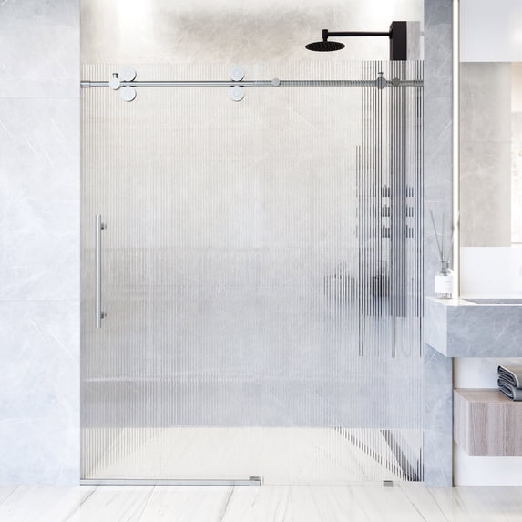 VIGO Elan 68 to 72 in. W x 74 in. H Sliding Frameless Shower Door in Stainless Steel with 3/8 in. (10mm) Fluted Glass