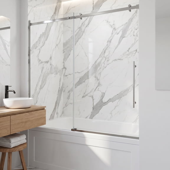 VIGO Luca 56 to 60 in. W x 58 in. H Sliding Frameless Tub Door in Stainless Steel with 3/8 in. (10mm) Clear Glass