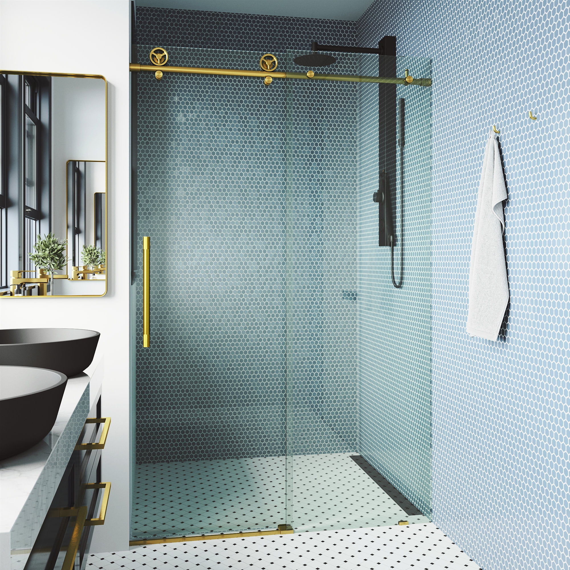 Elan Cass 44-48" Matte Gold Frameless Sliding Shower Door with Clear Glass