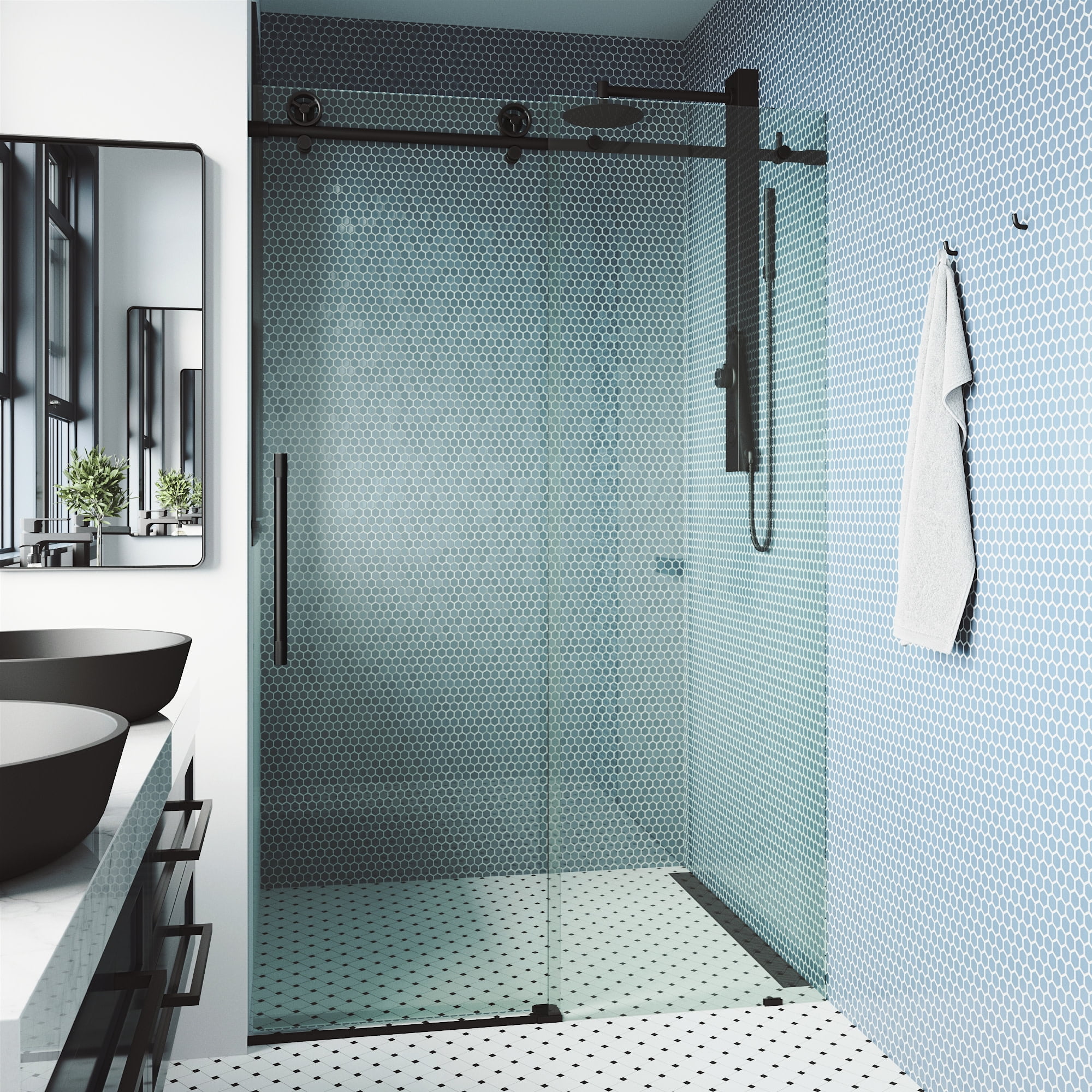 Elan Cass Matte Black Frameless Sliding Shower Door with Clear Glass