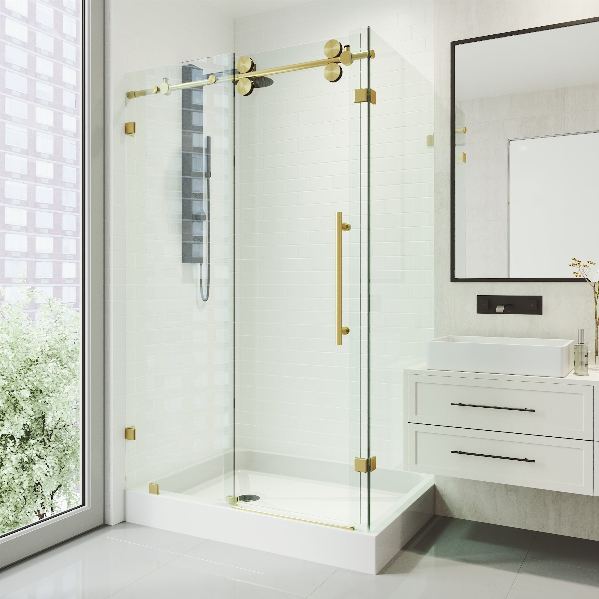Winslow 48" Matte Brushed Gold Frameless Sliding Shower Enclosure with Clear Glass