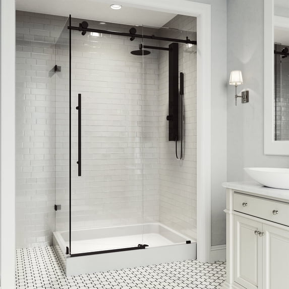VIGO Elan E-Class 36 in. L x 48 in. W x 82 in. H Frameless Sliding Shower Enclosure Kit in Matte Black with Clear Glass