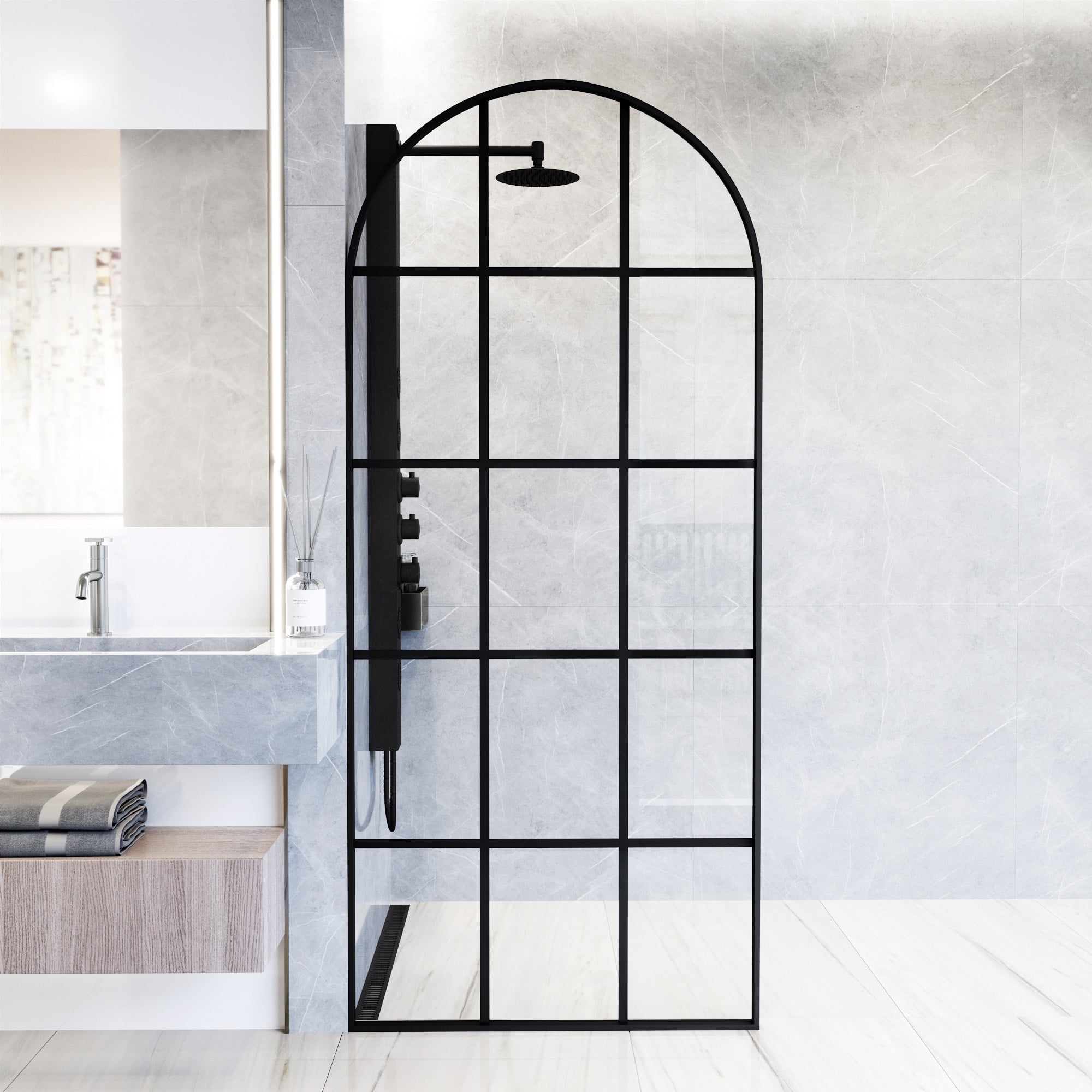 Arden 34" W x 78" H Matte Black Framed Shower Screen with Clear Grid Glass