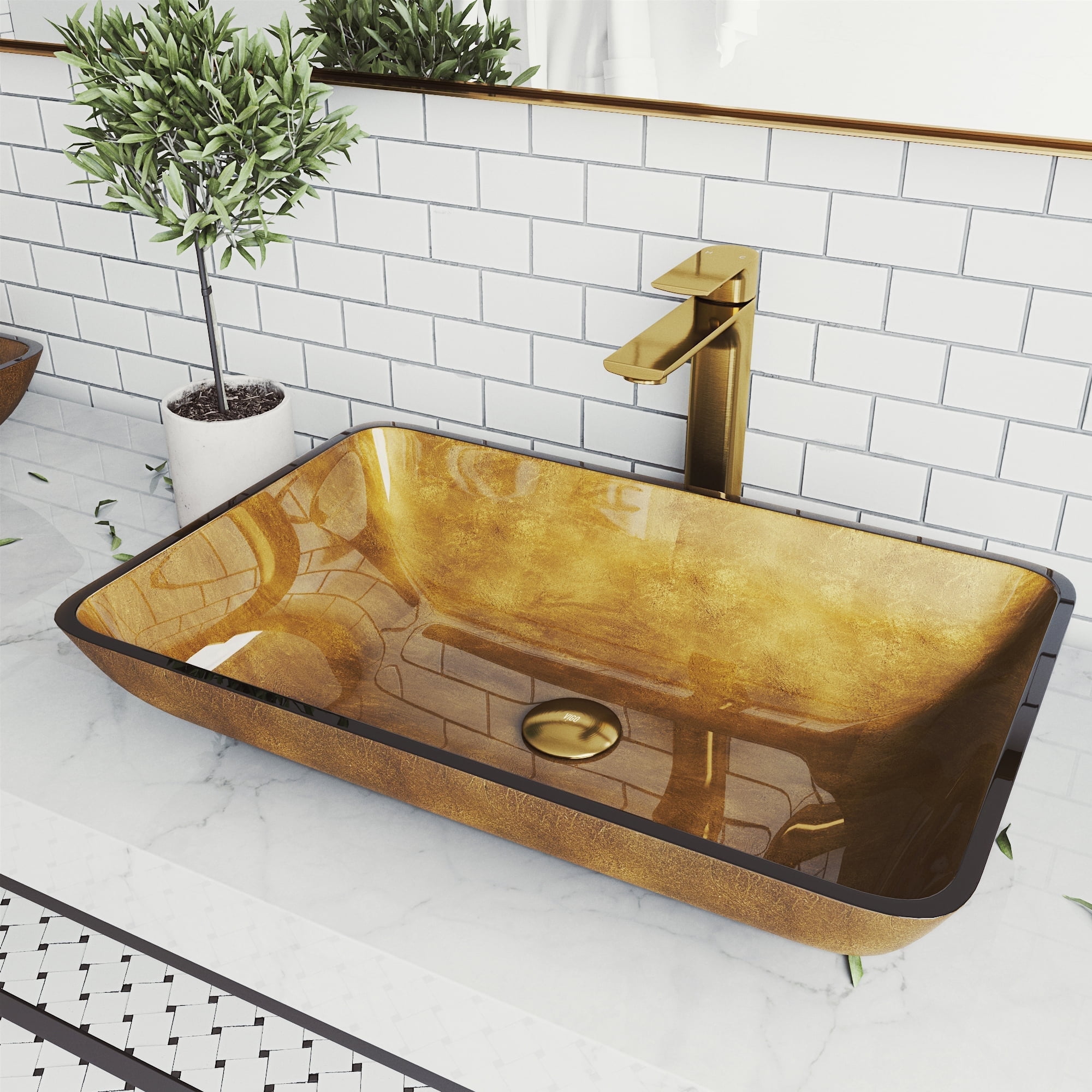 Copper Glass Rectangular Vessel Sink with Matte Gold Faucet