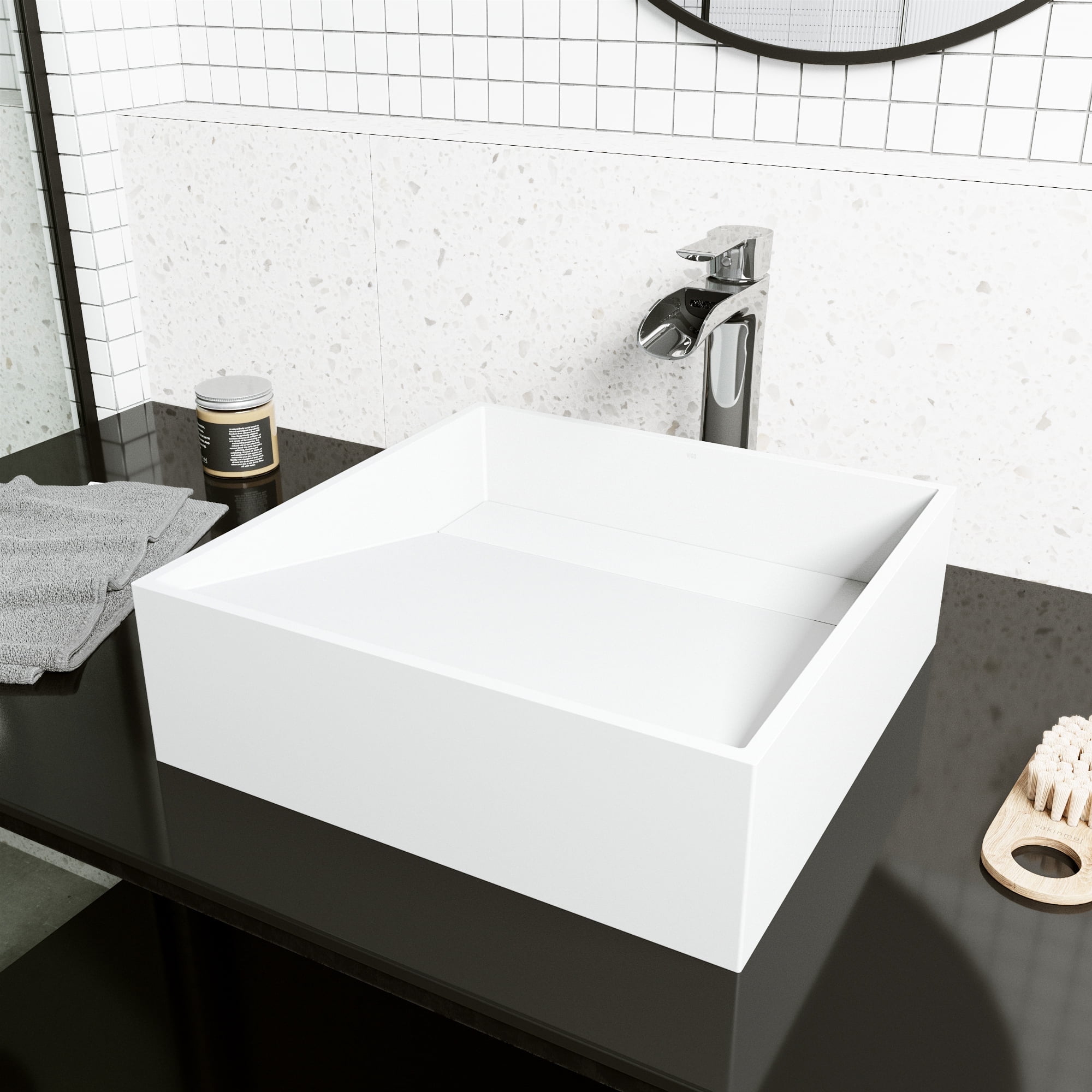 Starr 15" Square White Stone Vessel Sink with Chrome Faucet
