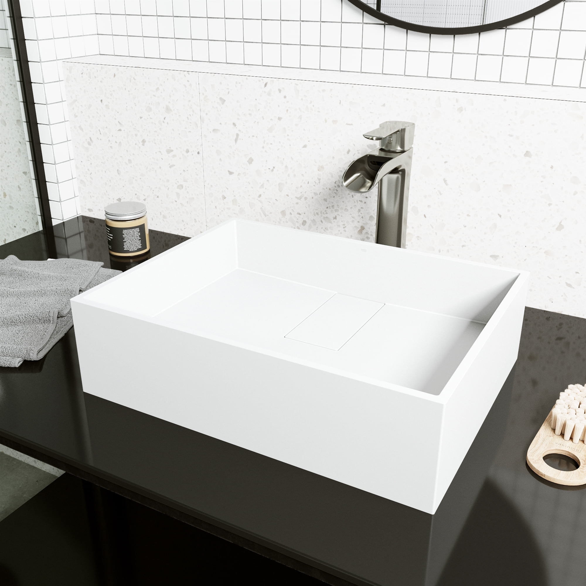 Bryant 17" White Matte Stone Vessel Sink with Waterfall Faucet