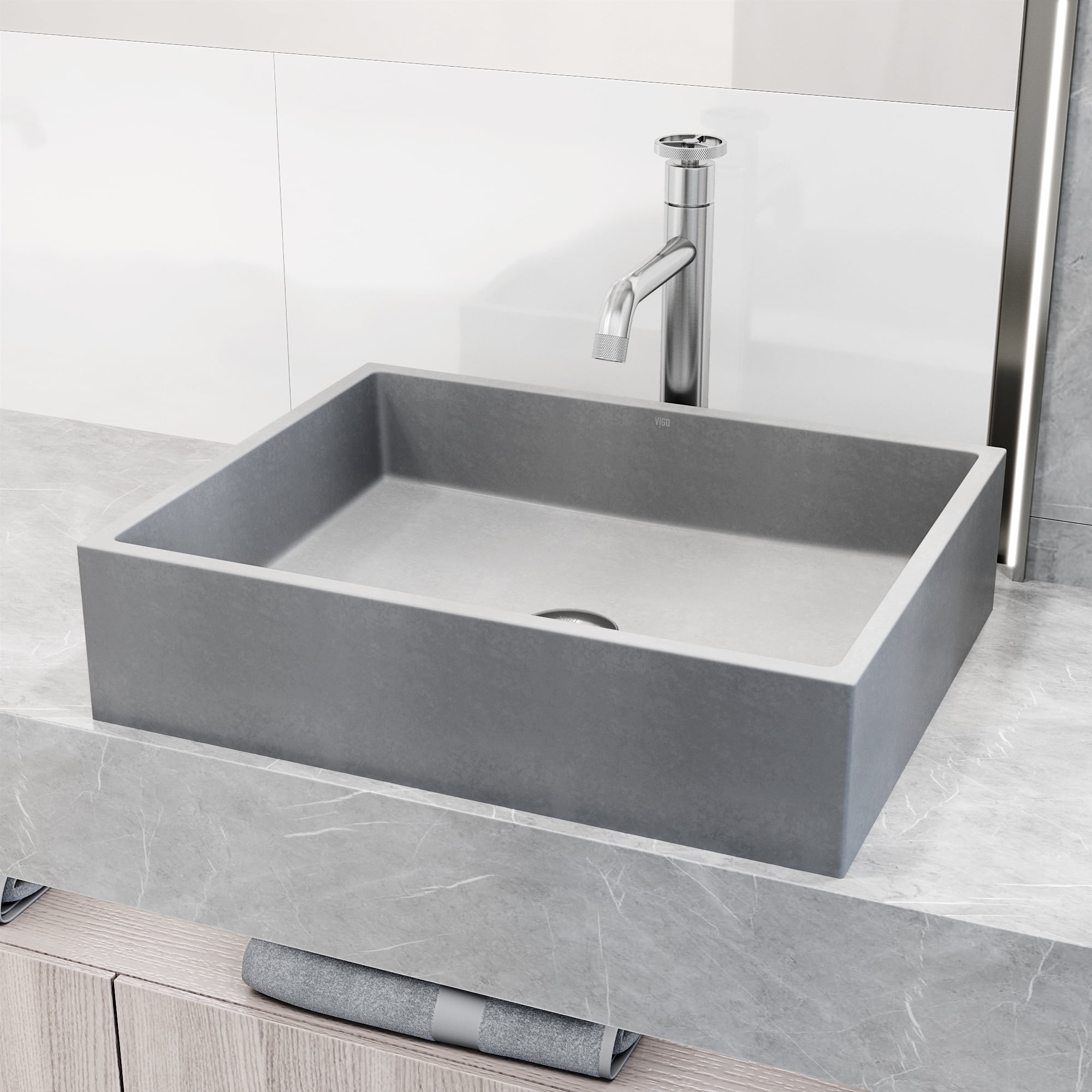 Gray Concrete Rectangular Vessel Sink with Brushed Nickel Faucet