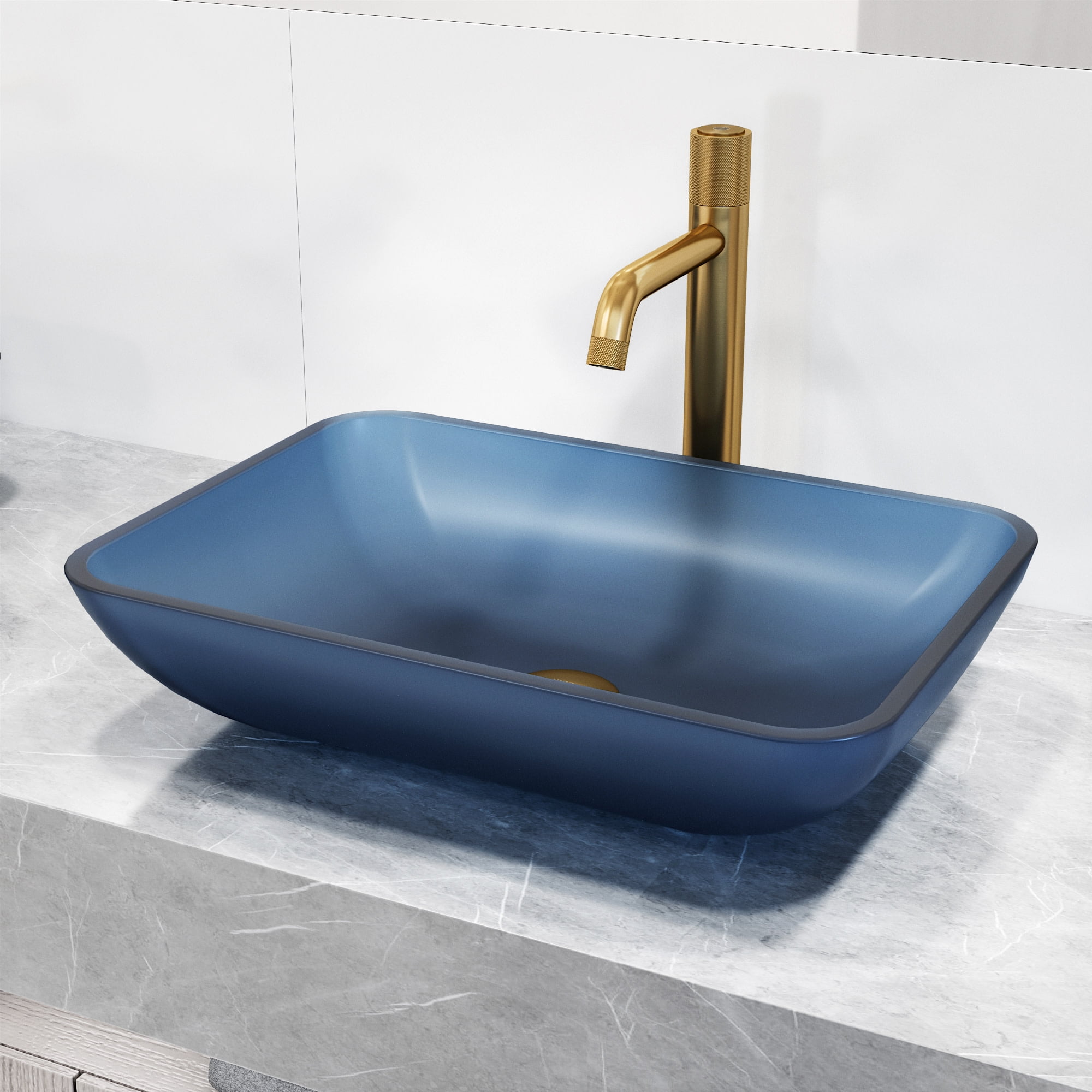 Matte Brushed Gold and Blue Glass Rectangular Vessel Sink Set