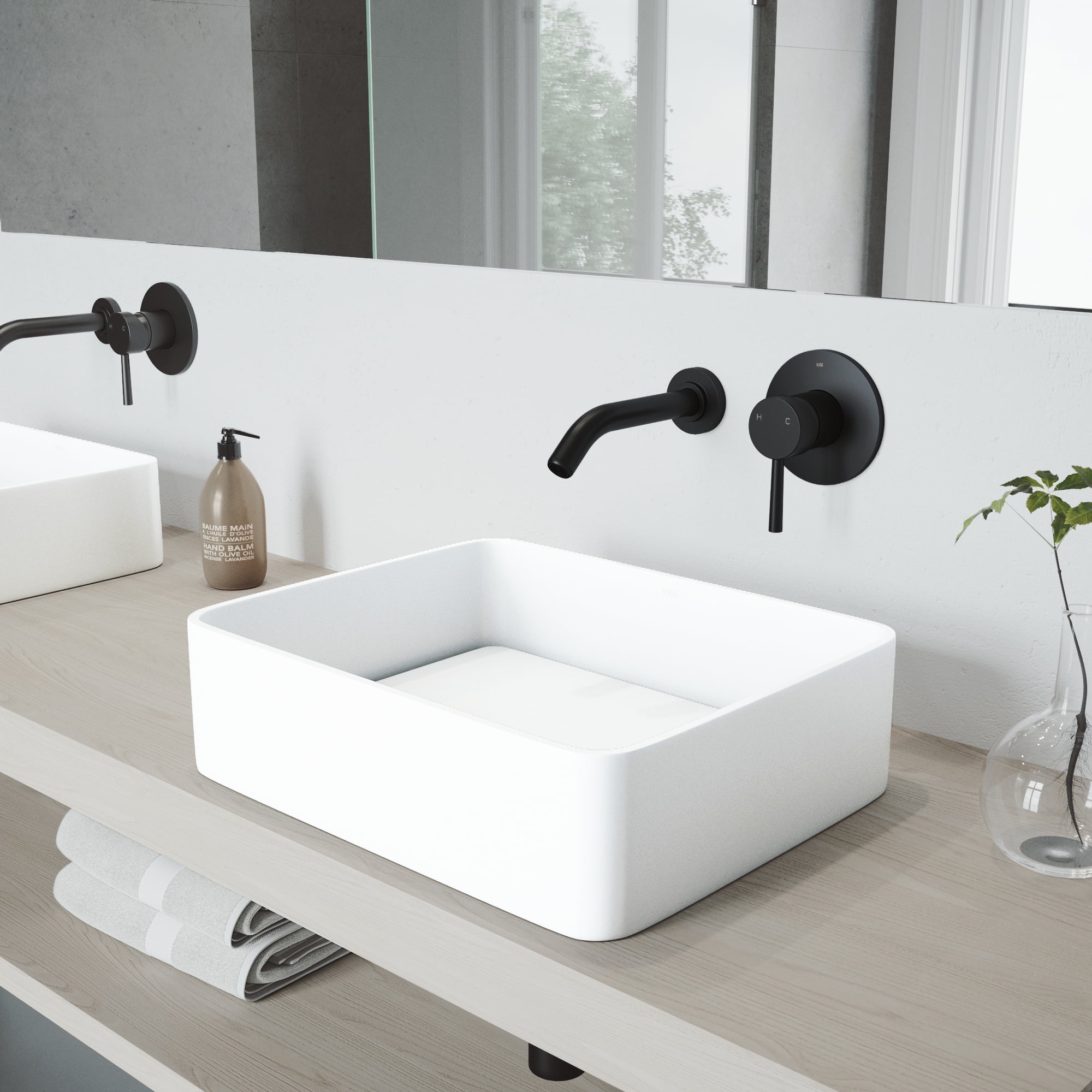18" White Stone Rectangular Vessel Sink with Matte Black Faucet