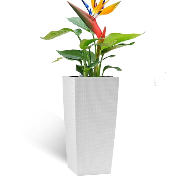 Vigo huseeo 15.35 in x 15.35 in x 30.12 in Square White Polypropylene Striped Rattan Plant Planter with Drainage Holes