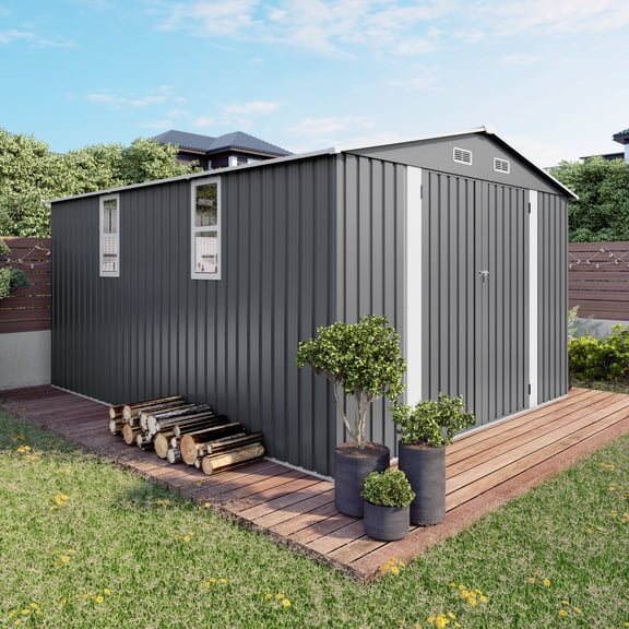 Vigo huseeo 10x12 FT Metal Outdoor Storage Shed with Window & Lockable Door, for Backyard, Lawn & Patio, Gray