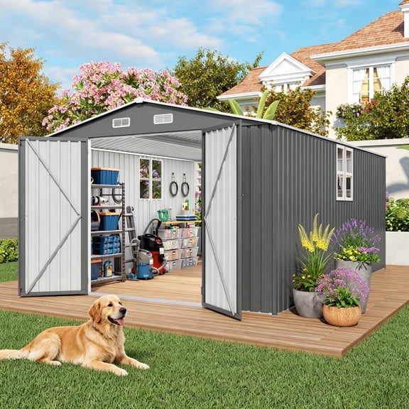 Vigo huseeo 10x14 FT Metal Outdoor Storage Shed with Window & Lockable Door, for Backyard, Lawn & Patio, Gray
