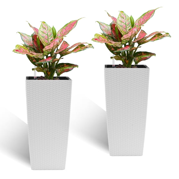 Vigo huseeo 2-Pack 22” Tall Planter, Self-Watering Pots for Indoor/Outdoor Planters with Drain Holes, Water Level Monitor, Inner Bucket, White Rattan Square