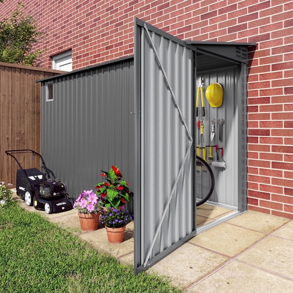 Easmvetaln 4x9FT Metal Lean-To Shed with Window and Lockable Side Door, Outdoor Storage Shed for Backyard Garden ,Gray