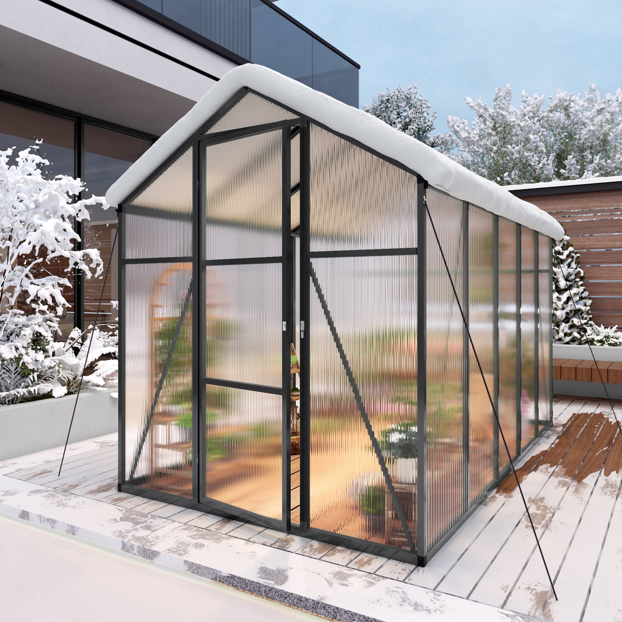 Vigo huseeo 6x10FT Extra-Height Version Polycarbonate Greenhouse, Walk-in Outdoor Greenhouse with Aluminum Frame for Backyard, Black