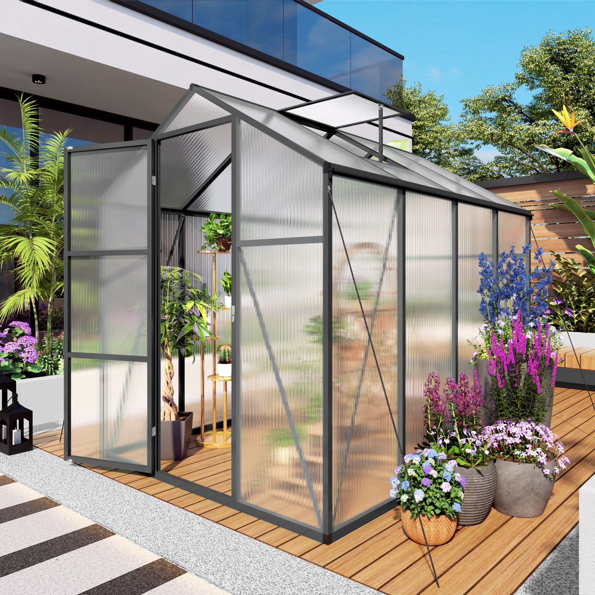 Vigo huseeo 6x8FT Extra-Height Version Polycarbonate Greenhouse, Outdoor Greenhouse with Aluminum Frame for Backyard, Black