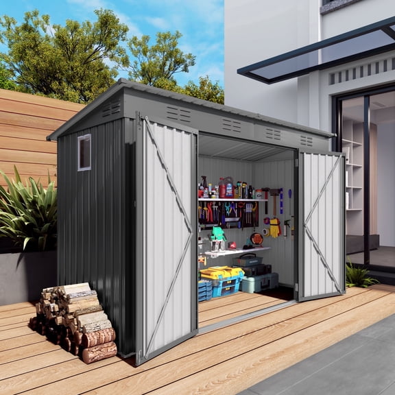 Vigo huseeo 9 x 4 FT Outdoor Storage Shed, Sloping Roof Metal Garden Tool House with 6 Vents and 2 Swing Doors for Backyard, Garden, Patio, Lawn, Gray