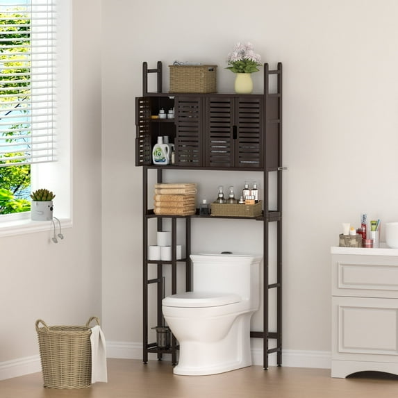 VigorPro Over the Toilet Stroage Cabinet,4 Door Bamboo Bathroom Organizer,Freestanding Space Save Rack,Brown