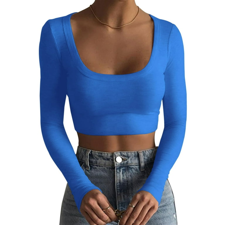  Women 's Long Sleeve Crop Shirt Top Square Neck Ribbed