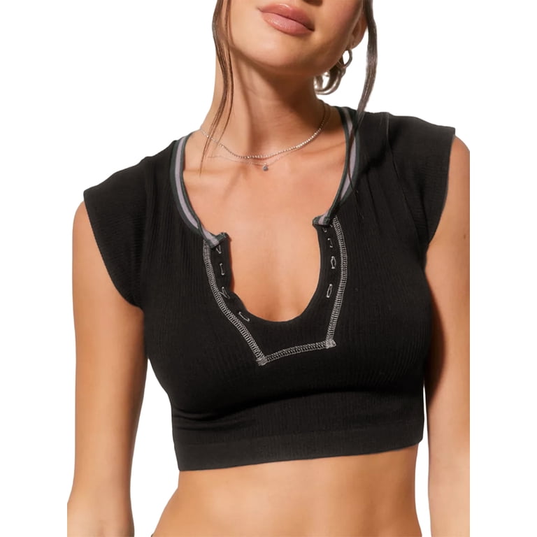 Vigorbear Women Summer Rib Knit Short Sleeve Tight Crop Top 