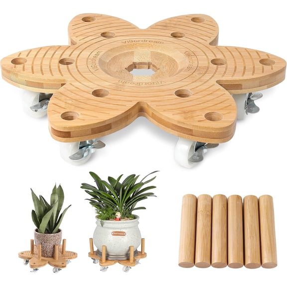 Vigordream Plant Caddy with Wheels 14" Heavy Duty Plant Rollers for Flower Pot, Bamboo Planter Dolly Holder Lockable Casters for Indoor Outdoor