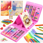 Vigorfun Art Supplies, 240-Piece Drawing Art kit, Gifts Art Set Case with Double Sided Trifold Easel, Includes Oil Pastels, Crayons, Colored Pencils, Watercolor Cakes, Sketch Pad (PINK)