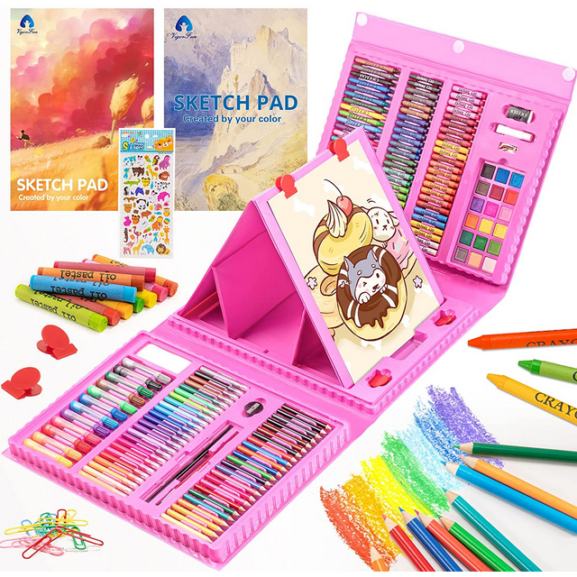 Vigorfun Art Supplies, 240-Piece Drawing Art kit, Gifts Art Set Case with Double Sided Trifold Easel, Includes Oil Pastels, Crayons, Colored Pencils, Watercolor Cakes, Sketch Pad (PINK)