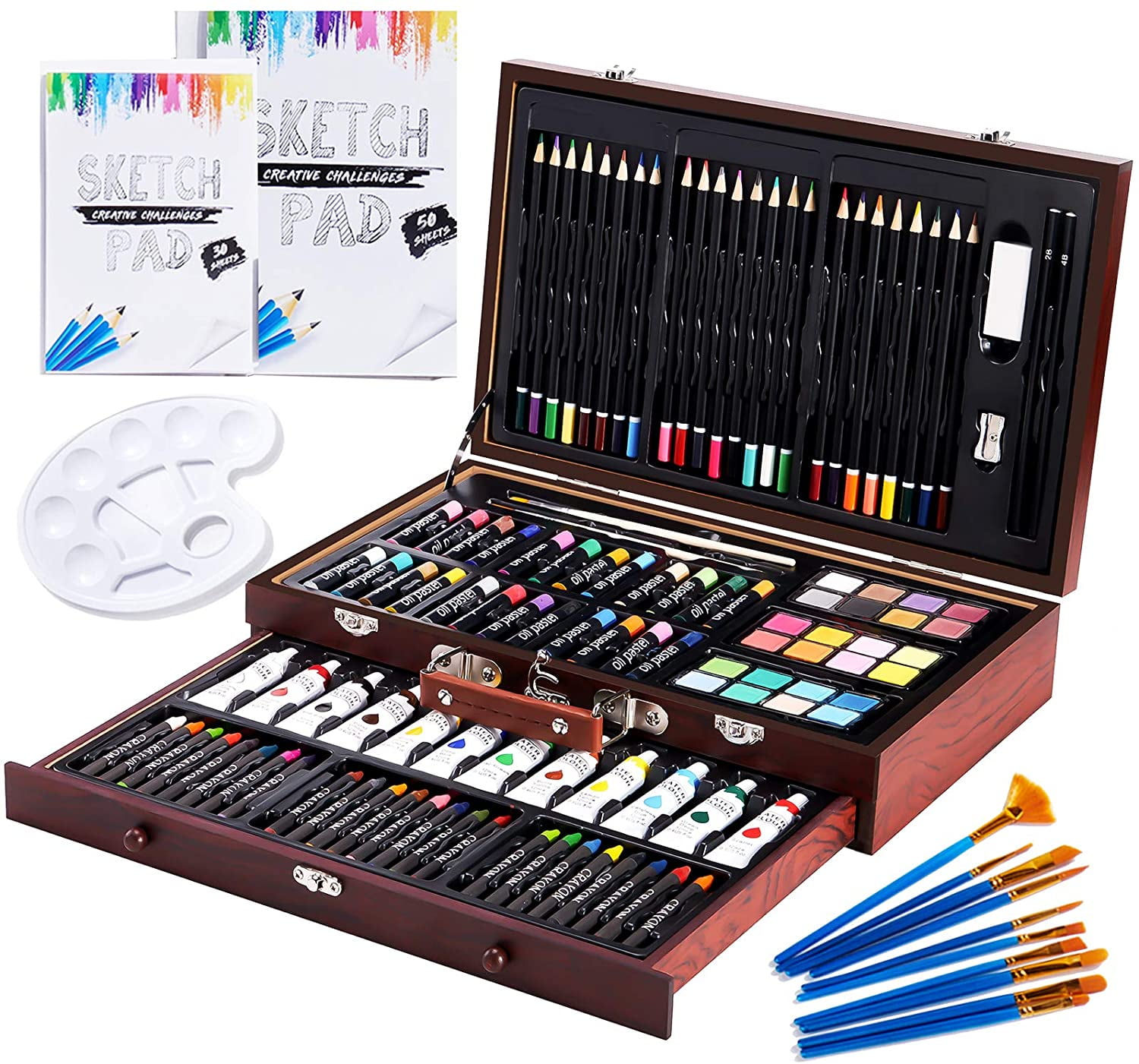 Art Supplies 85 Piece, Vigorfun Deluxe Wooden Art Set Crafts Drawing  Painting Kit with 2 Sketch Pads, Oil Pastels, Acrylic, Watercolor Paints
