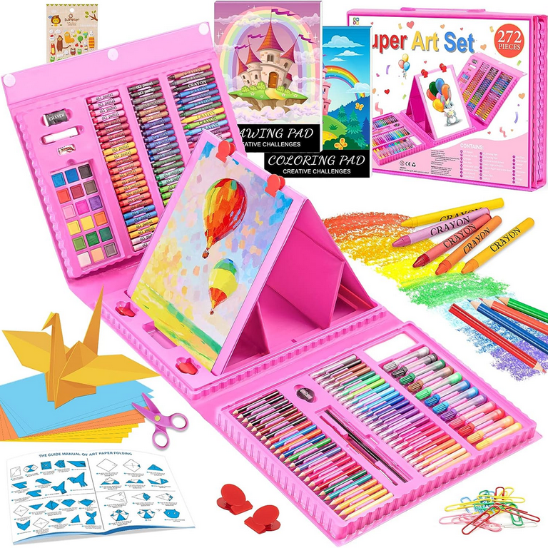 Deluxe 272 Pack Kids Art Set, Trifold Easel, Drawing Pad, Pastels